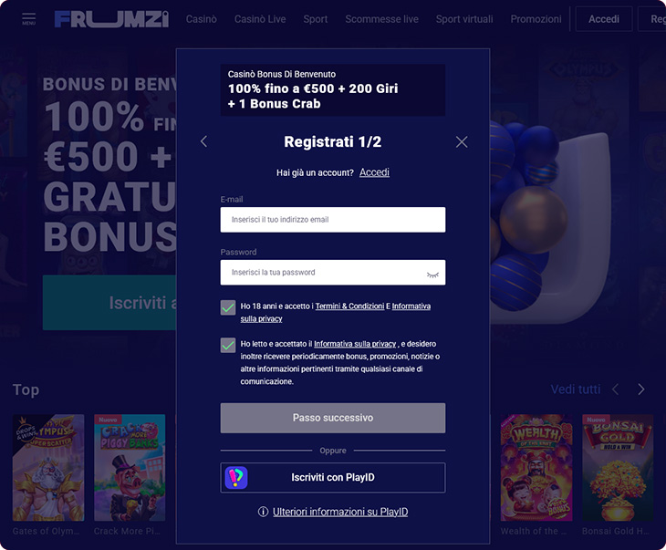 Frumzi Casino Accesso e Registrazione