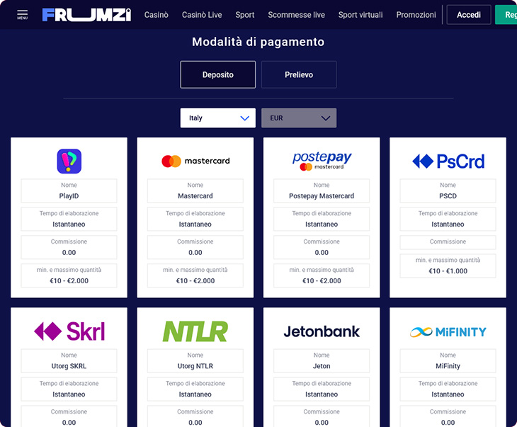 Frumzi Casino Pagamenti