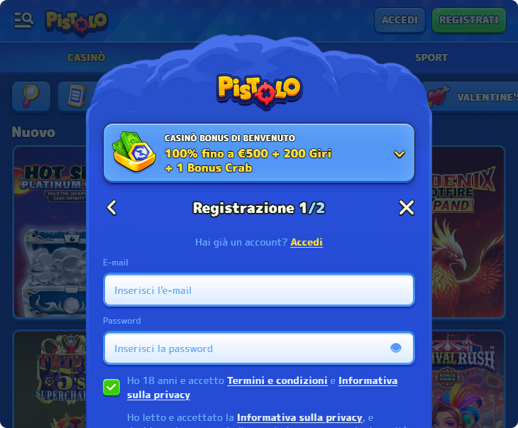 Accesso e Registrazione al Casinò Pistolo