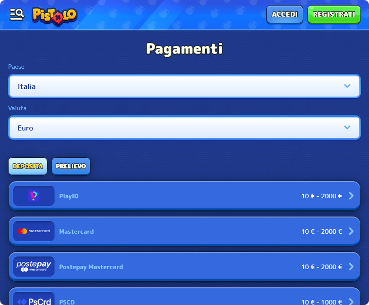 Pagamenti del Casinò Pistolo