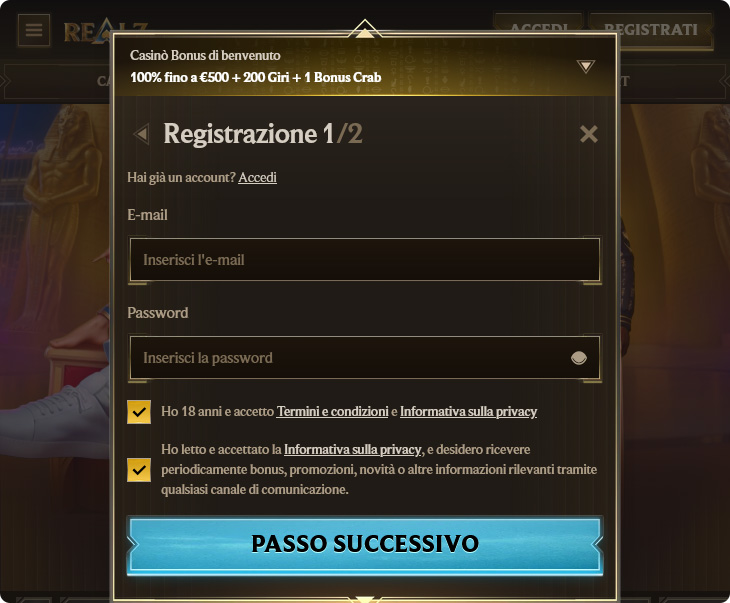 Realz Casino Accesso e Registrazione