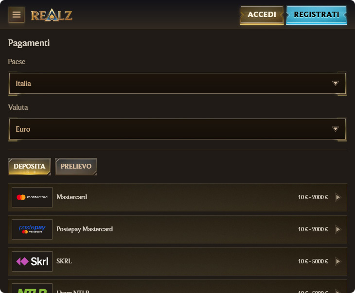 Realz Casino Pagamenti