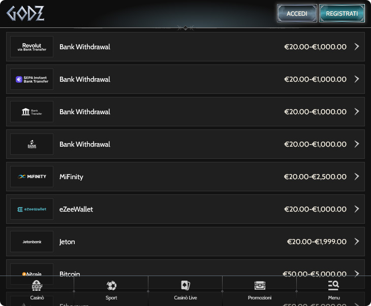 Godz Casino Pagamenti