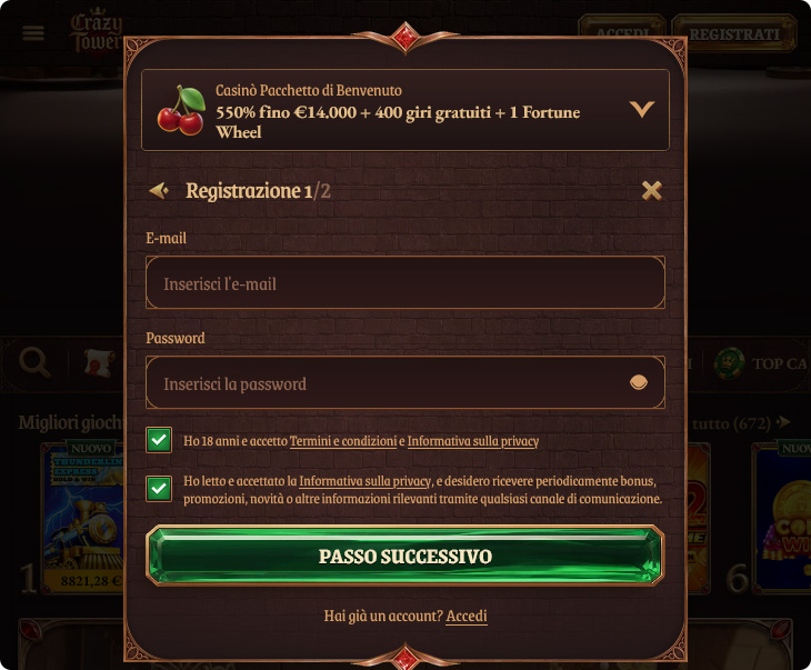 CrazyTower Casino Accesso e Registrazione